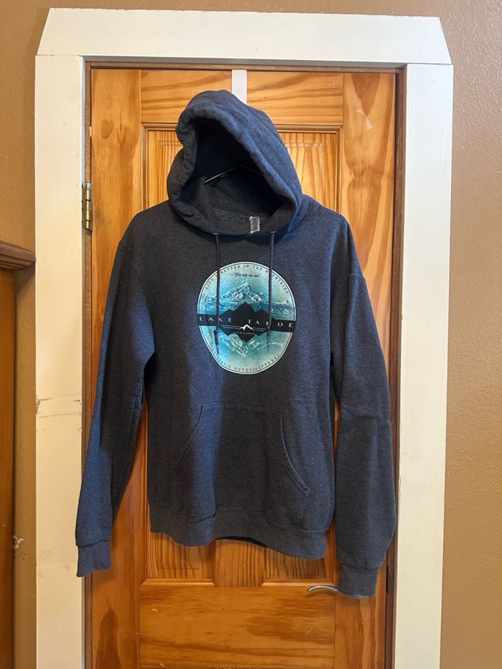 Jerzees Charcoal Hoodie with Blue Graphic Mountain Logo